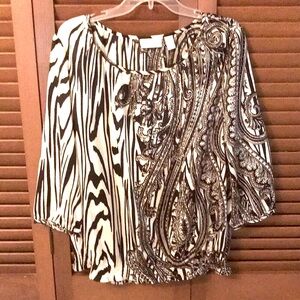 NWOT Chico’s White/Black/Gold Banded Waist Blouse - L